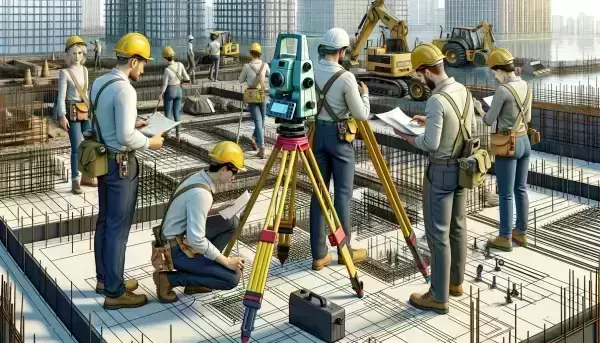 Surveyor bekerja di lokasi konstruksi, menggunakan Total Station dan GPS untuk pemetaan topografi yang presisi.